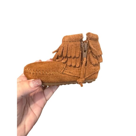 Minnetonka Brown Fringe Suede Baby Booties Size 3 Moccasins Western Style - Picture 10 of 11